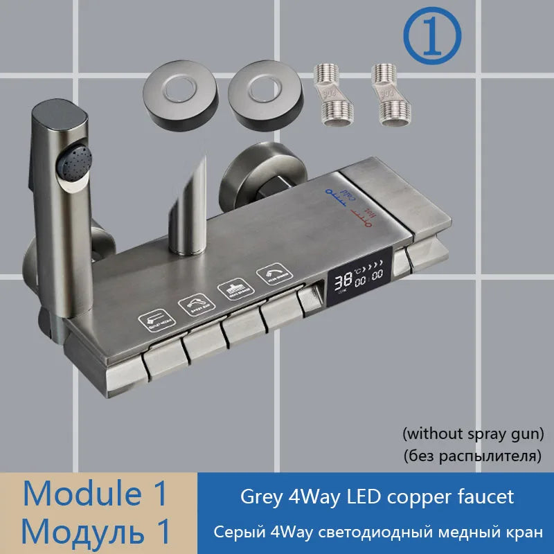Gray Shower Set Bathroom Copper Shower System LED Digital Display Temperature Bathtub Shower Faucet DIY Shower Accessories Sets