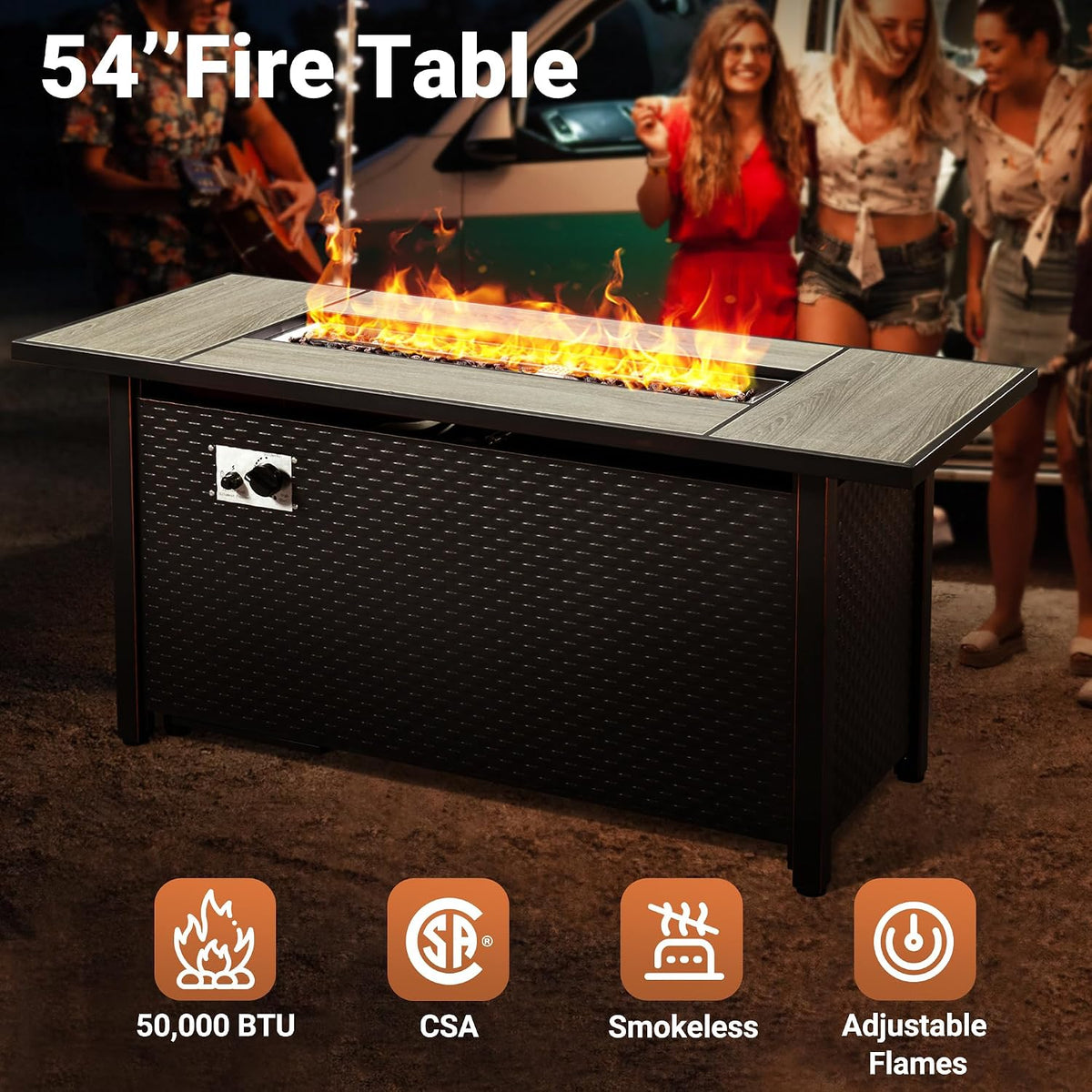 10 PCS Outdoor Patio Furniture 54In Set with Fire Pit Table, All-Weather Rattan Wicker Conversation Group with Deep Seating, High Back Comfort for Porch, Backyard, Orange