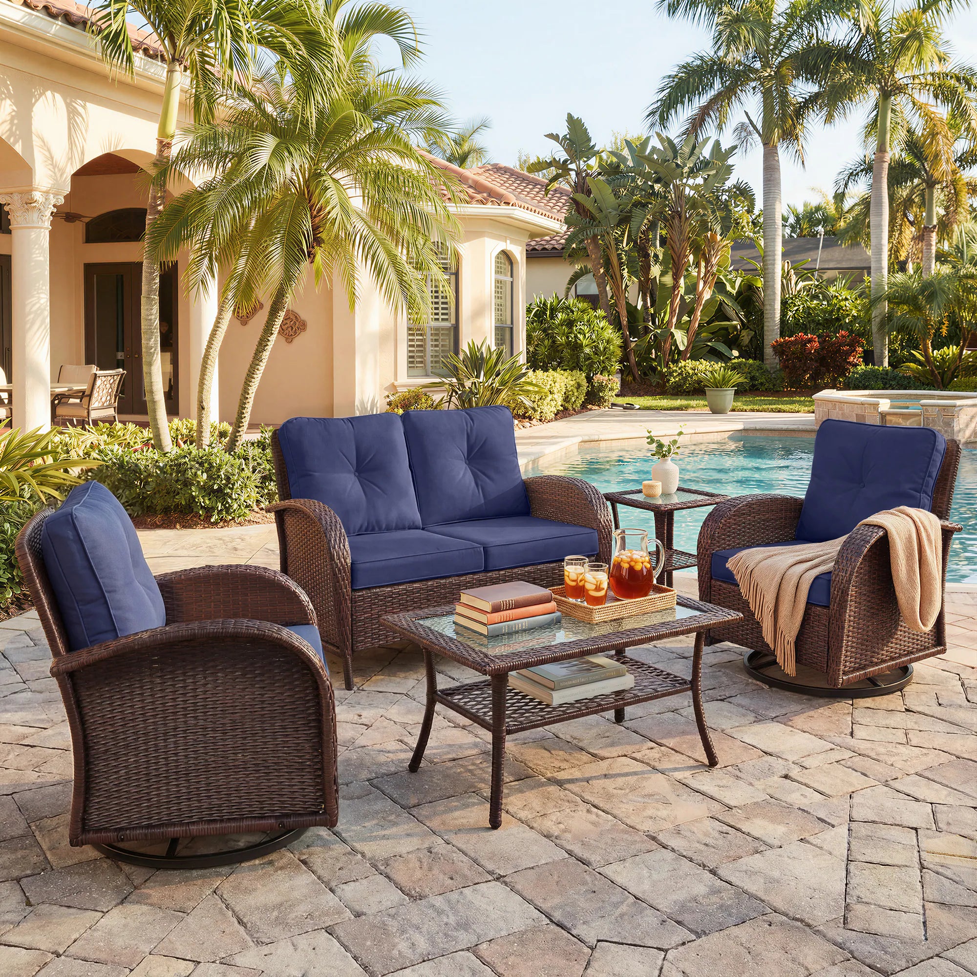 5 -Piece Wicker Patio Conversation Set with Navy Cushions Included