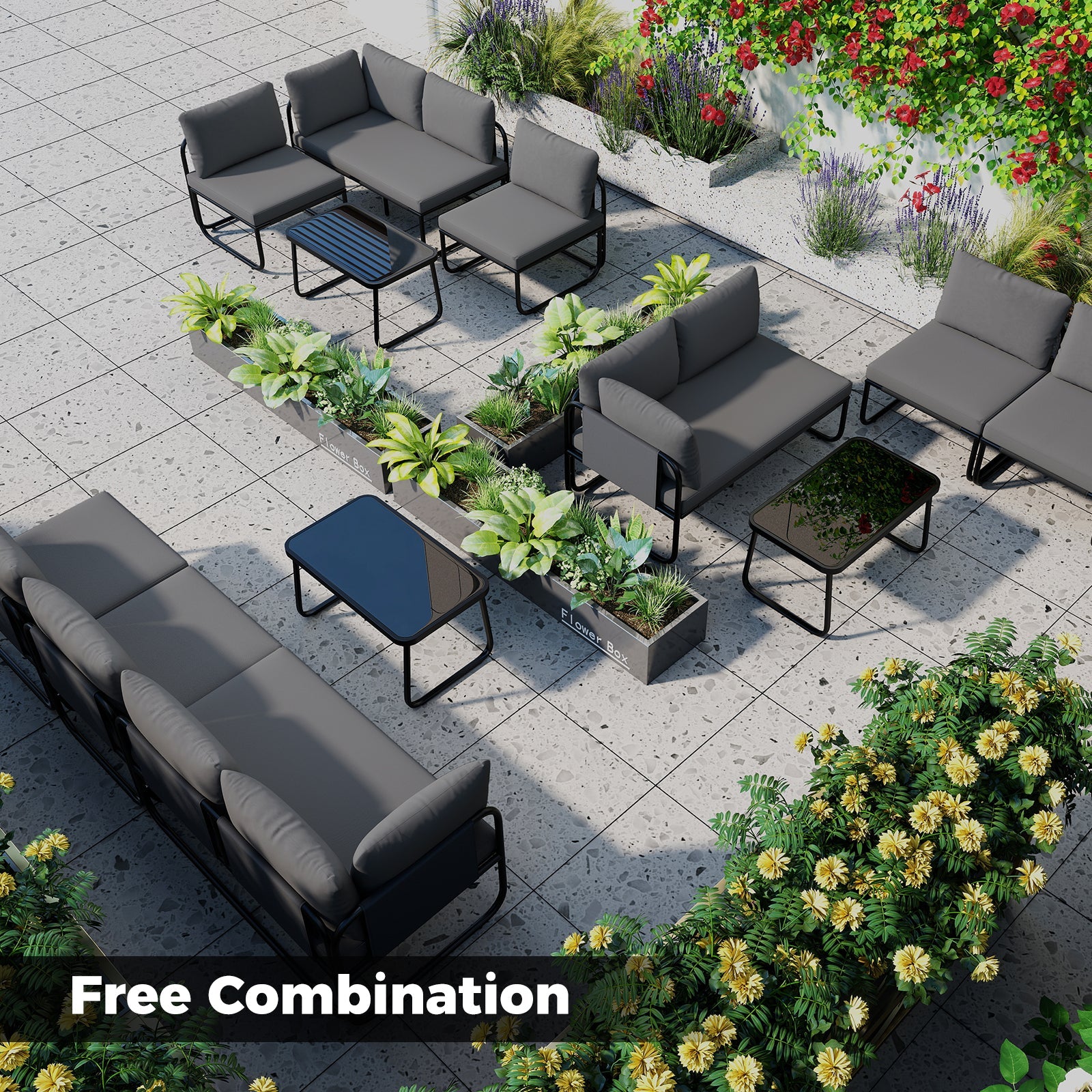4 Pieces Patio Furniture Set with Cushions and Coffee Table-Gray