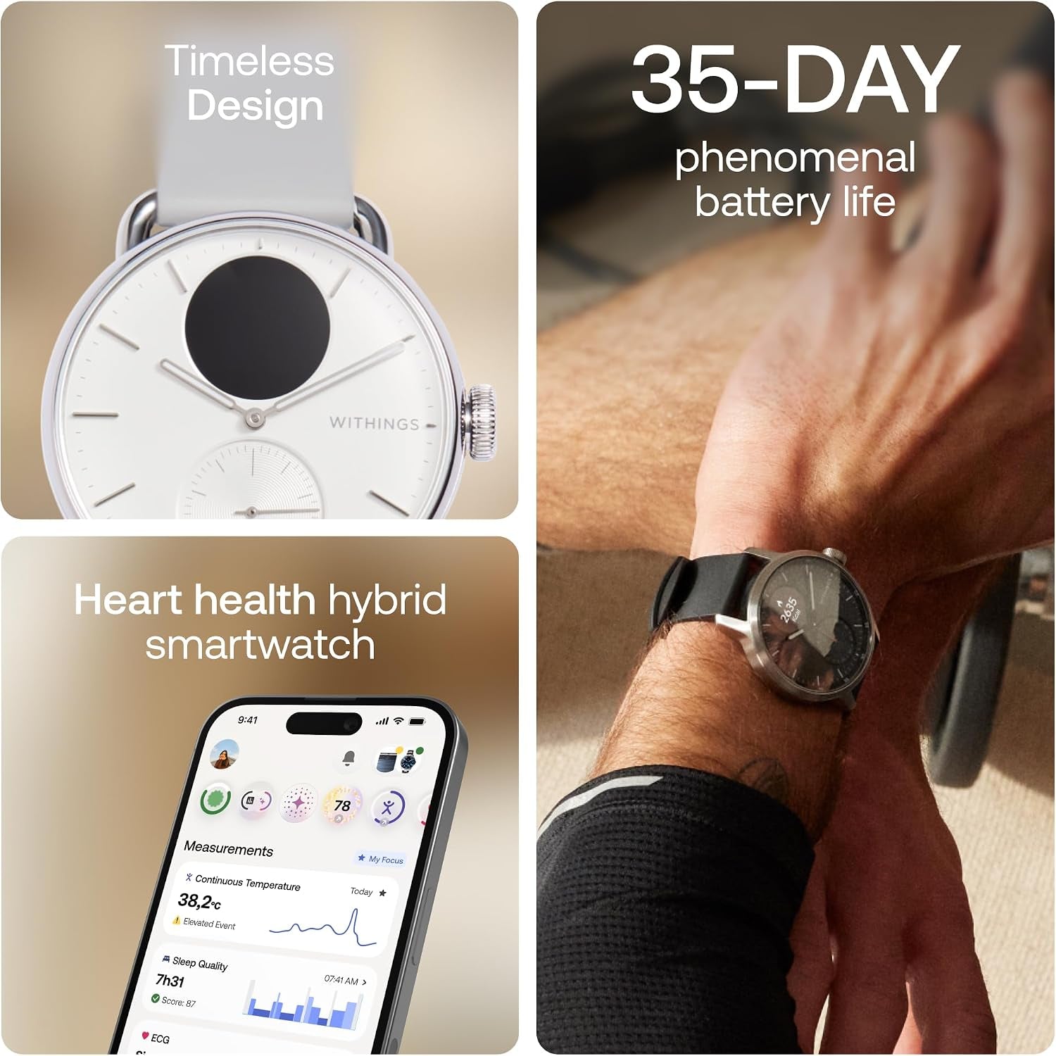 WITHINGS Scanwatch 2 - Hybrid Smart Watch, Heart Rate Monitoring, Fitness Tracker, Cycle Tracker, Sleep Monitoring, GPS Tracker, 30-Day Battery Life, Android & Apple Compatible, HSA/FSA