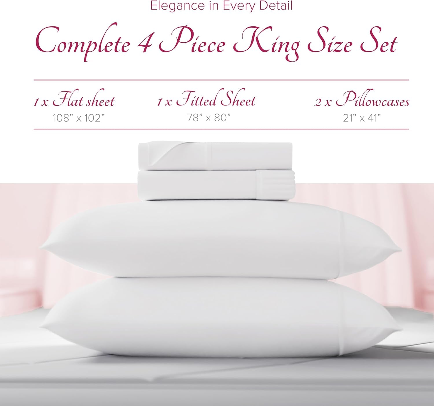 Egyptian Cotton Sheets King Size - Luxury 1200 Series High Thread Count King Size Sheets Set (4 PC, White) Silky Soft, Cooling, Sateen Weave, 17" Deep Pocket, Hotel Bed Sheet Set