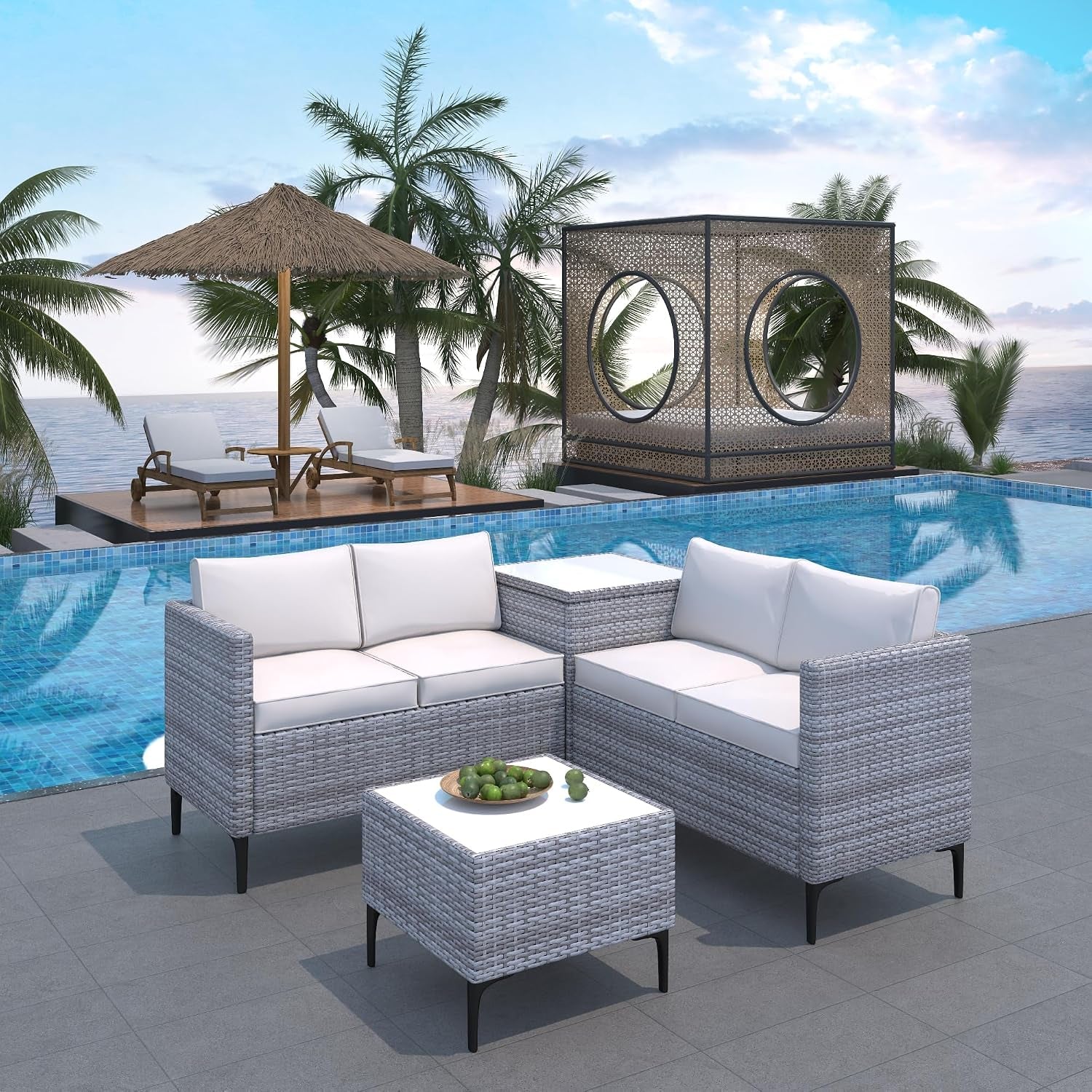 Outdoor Wicker Patio Conversation Set with Storage, PE Rattan Sofa