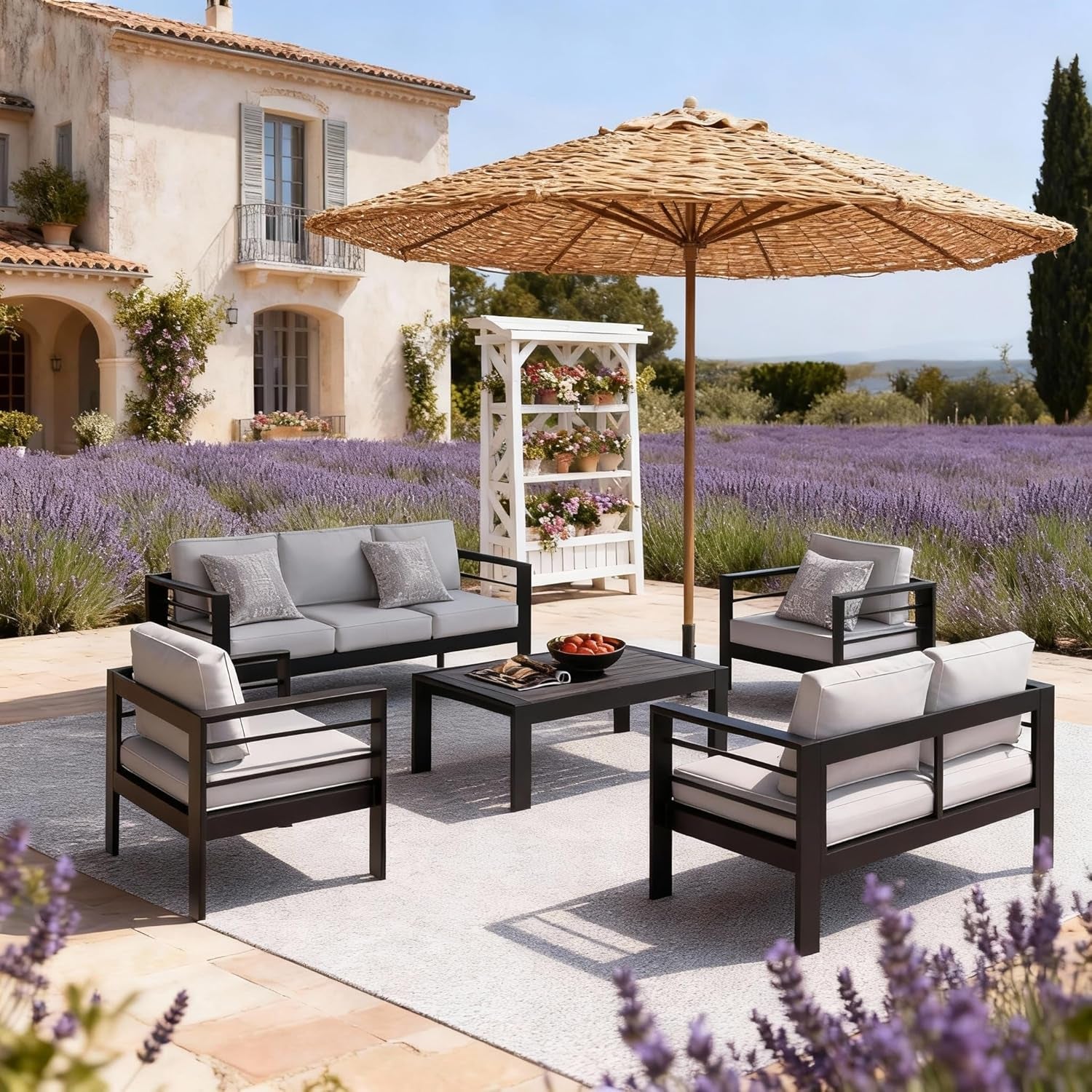 Patio Conversation Sets, Aluminum Outdoor Couch with Outdoor Coffee Table, All-Weather Metal Patio Couch with 5" Thick and Soft Cushion and Wide Arm, Outdoor Sofa Sets for Balcony, Porch, Light Gray