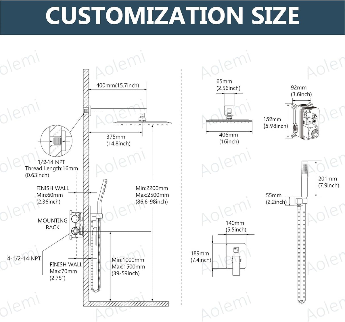 Shower Faucet Set with Valve Handheld 16" LED Head Brushed Nickel