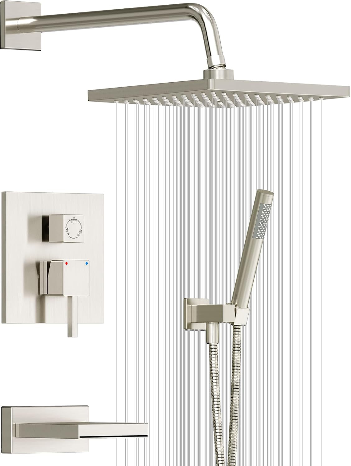 Shower System with Tub Spout, Wall Mounted Bathtub Shower Faucet Set, 10 Inch Rain Shower Head and Handheld Shower Head Set, High Pressure Tub Shower Kit with Shower Valve, Brushed Nickel