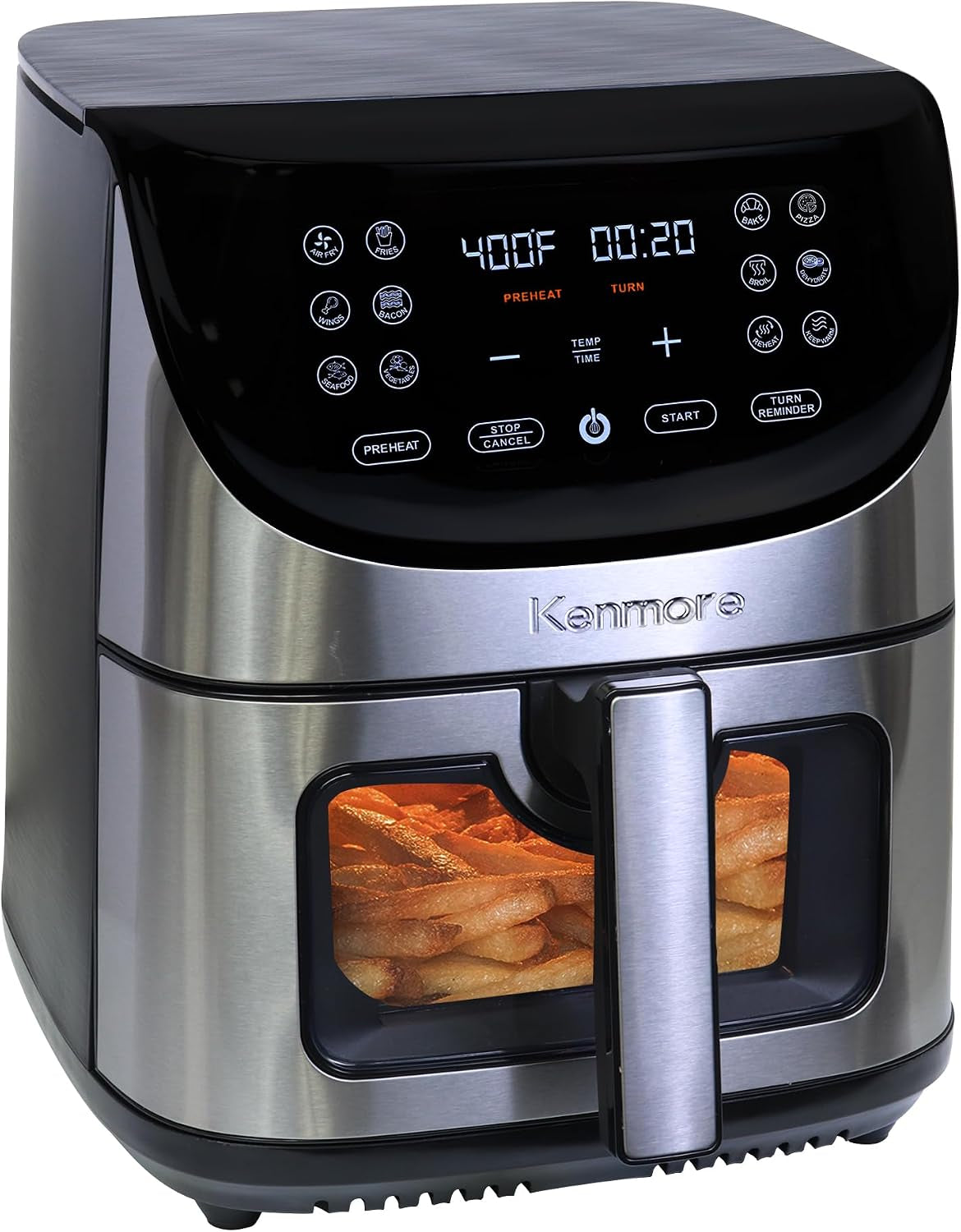Kenmore Air Fryer - 8 Quart Aerogrill, Non-Stick Frying Basket, French Fry, Digital Touch Screen, 12 Presets, Freidora Eléctrica, Countertop Cooking Kitchen Appliance, Stainless Steel, Black