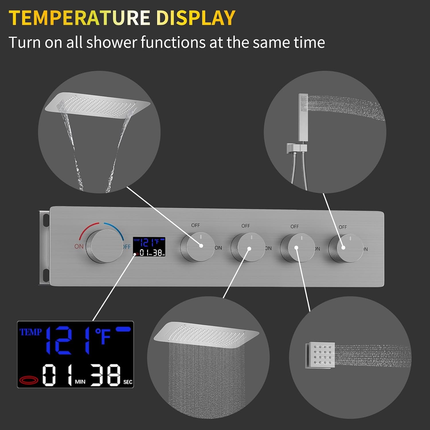 Multi Functional Thermostatic Shower Set Digital Display Rain Body Spray Bathroom Full Body Shower System with 16X24" Shower Head Brushed Nickel