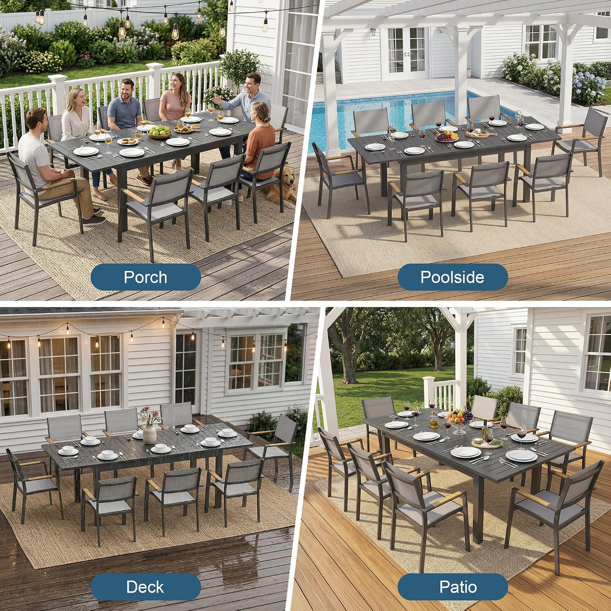 Aluminum Outdoor Patio Table and Chairs Set with 91.7" L-62 L Expandable Dining Table, 9-Pieces Outdoor Dining Set for 8, Patio Furniture Set with Stackable Quick Drying Chairs, Grey
