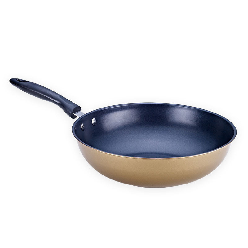 Gold non-stick frying pan with dark blue interior and black heat-resistant handle on white