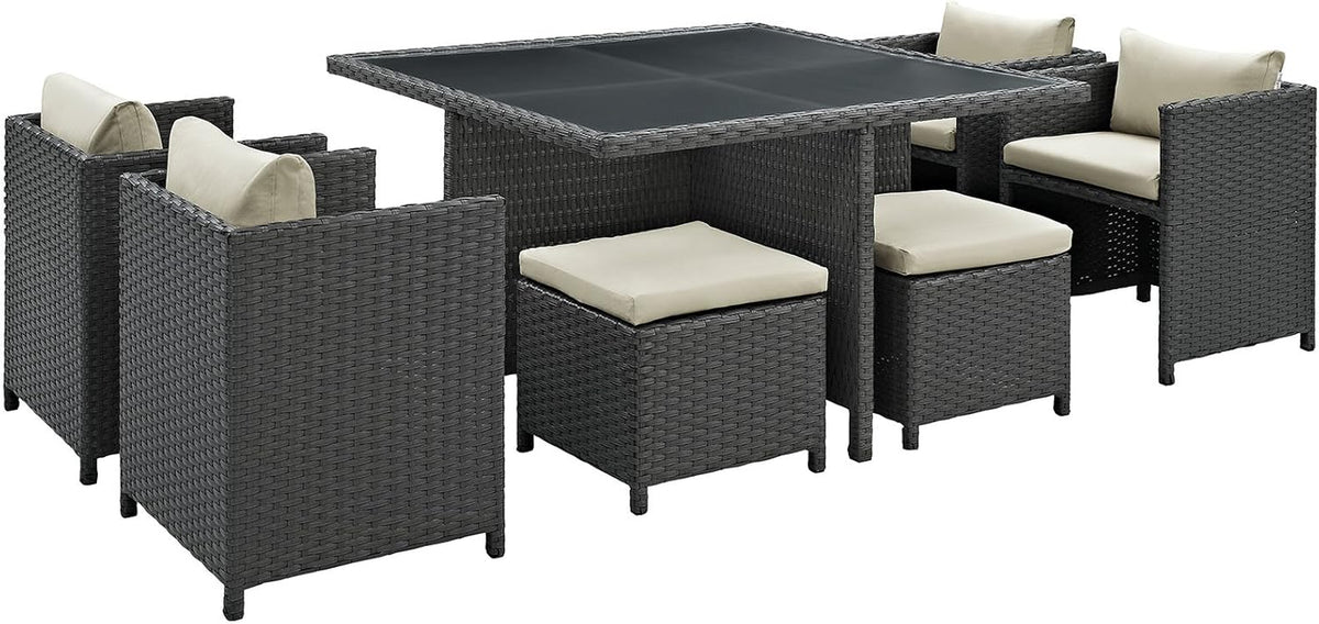 Sojourn Wicker Rattan Outdoor Patio Sunbrella Fabric, 9-Pc Dining Set in Antique Canvas Beige