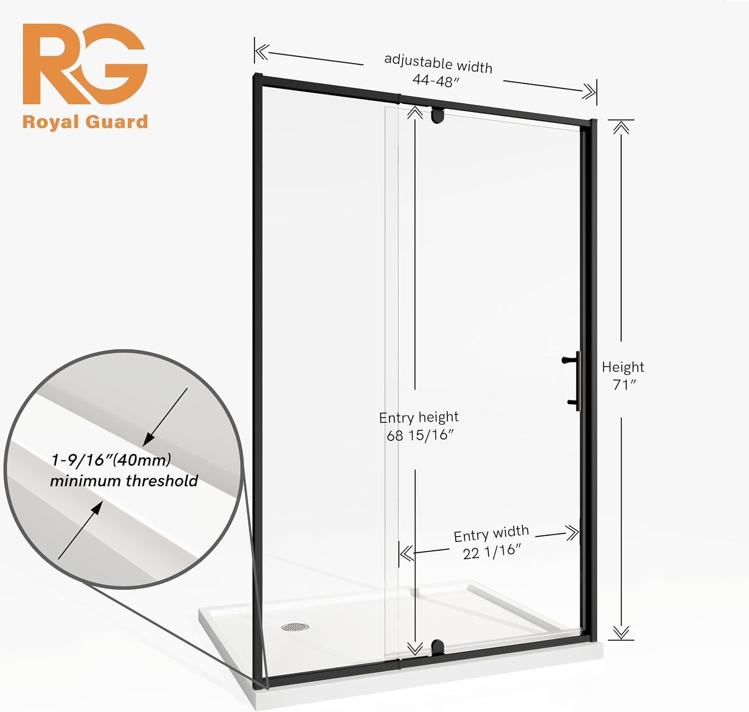 44-48" W X 71" H Pivot Swing Glass Shower Door,Matte Black
