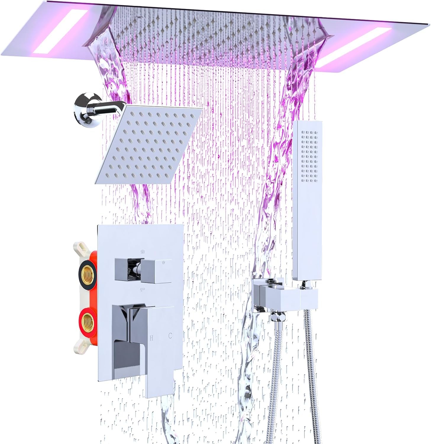 Dual Rain Shower Head System, 2 in 1 Functions Ceiling Mount 14X20Inch LED Shower Head with 6 Inch Shower Head, Rainfall Waterfall Shower Faucet Set, Chrome