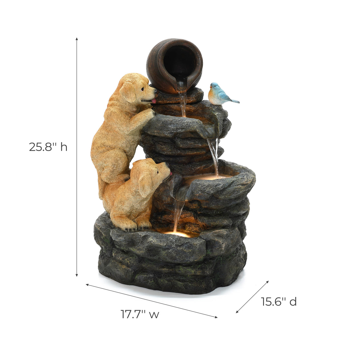 Outdoor Water Fountain, 26" Puppy and Rock Resin Water Fountains Indoor with LED Lights