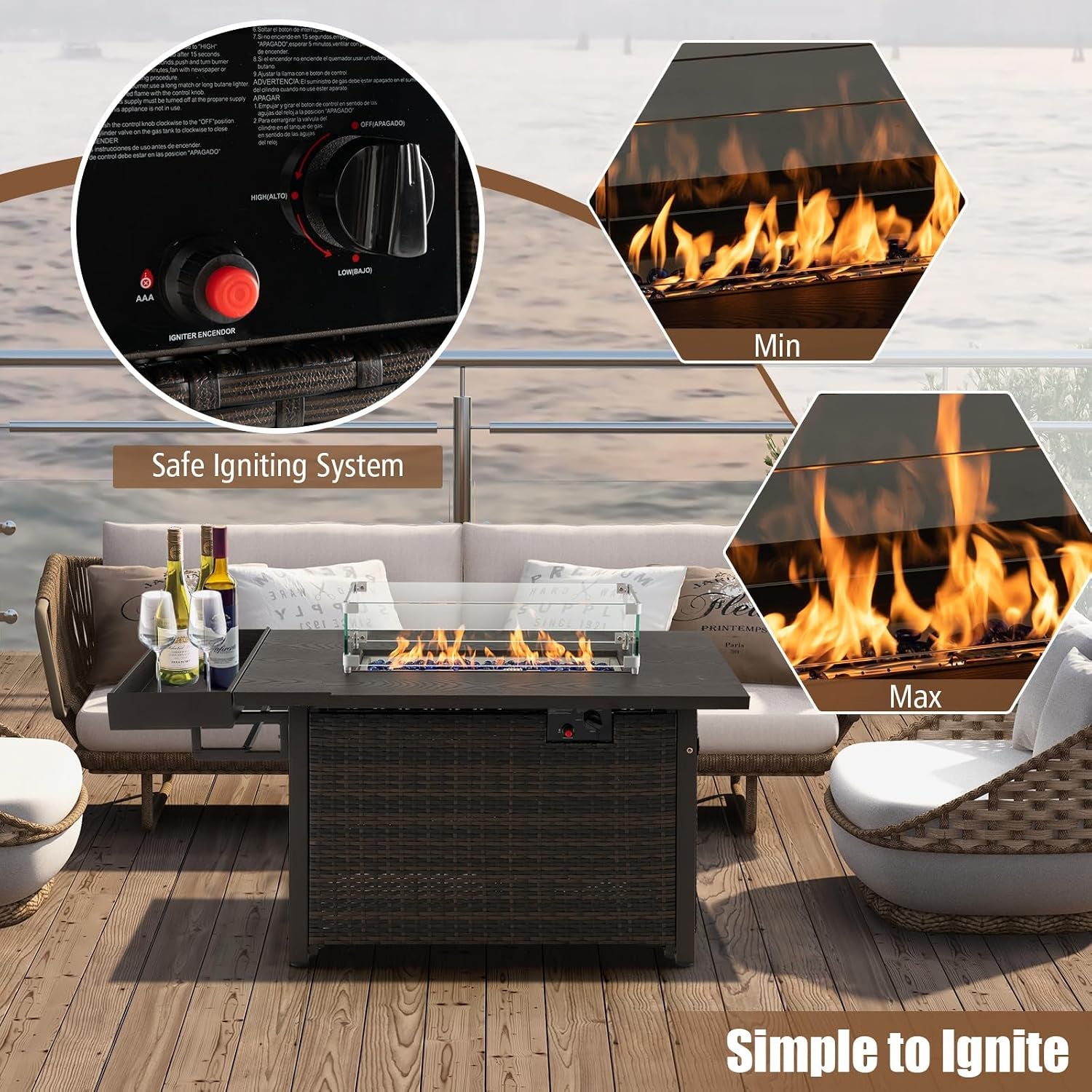 Patio Propane Fire Pit Table, 52 Inch Wicker Gas Fire Pit with Wind Guard & Extended Shelf, 50,000 BTU Heat Output, Rectangular Fire Table with Blue Fire Stone & Waterproof Cover (Brown)