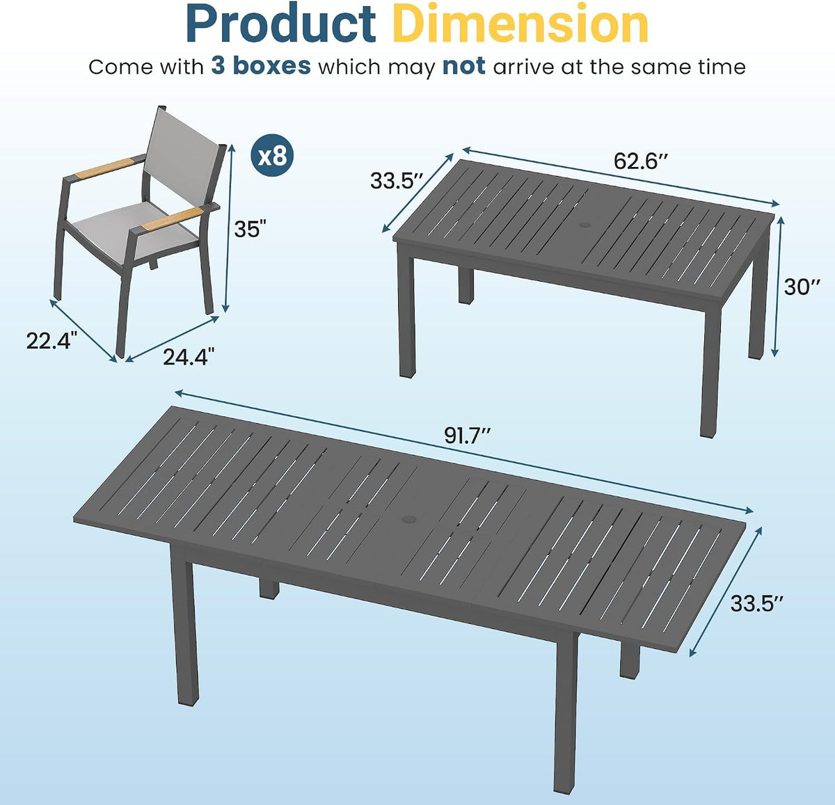 Aluminum Outdoor Patio Table and Chairs Set with 91.7" L-62 L Expandable Dining Table, 9-Pieces Outdoor Dining Set for 8, Patio Furniture Set with Stackable Quick Drying Chairs, Grey