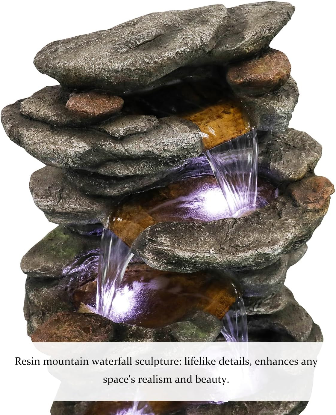40" High 6-Tiers Cascading Rock Outdoor Water Fountain with LED Lights - Large Outdoor Fountains and Waterfalls for Garden or Patio, Yard, and Deck Decor, Featuring Natural Stone Look