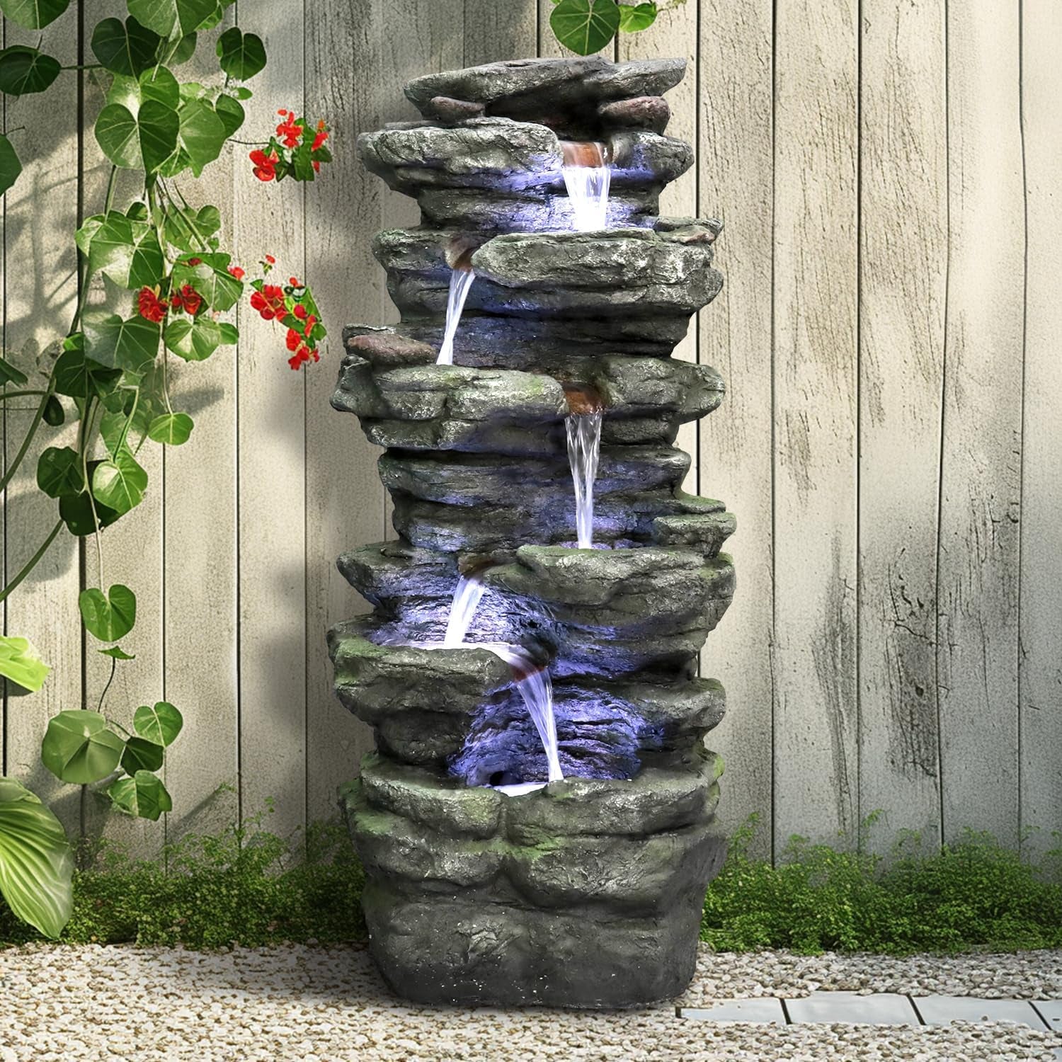 40" High 6-Tiers Cascading Rock Outdoor Water Fountain with LED Lights - Large Outdoor Fountains and Waterfalls for Garden or Patio, Yard, and Deck Decor, Featuring Natural Stone Look