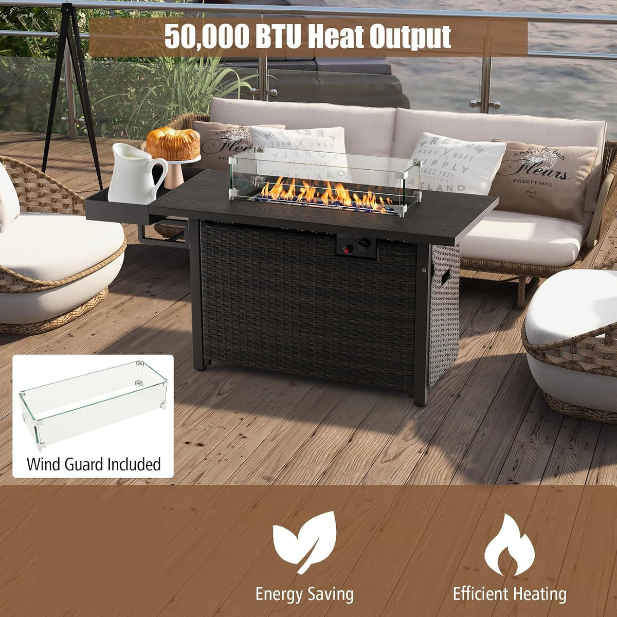 Patio Propane Fire Pit Table, 52 Inch Wicker Gas Fire Pit with Wind Guard & Extended Shelf, 50,000 BTU Heat Output, Rectangular Fire Table with Blue Fire Stone & Waterproof Cover (Brown)