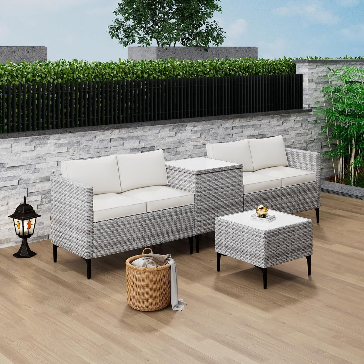 Outdoor Wicker Patio Conversation Set with Storage, PE Rattan Sofa