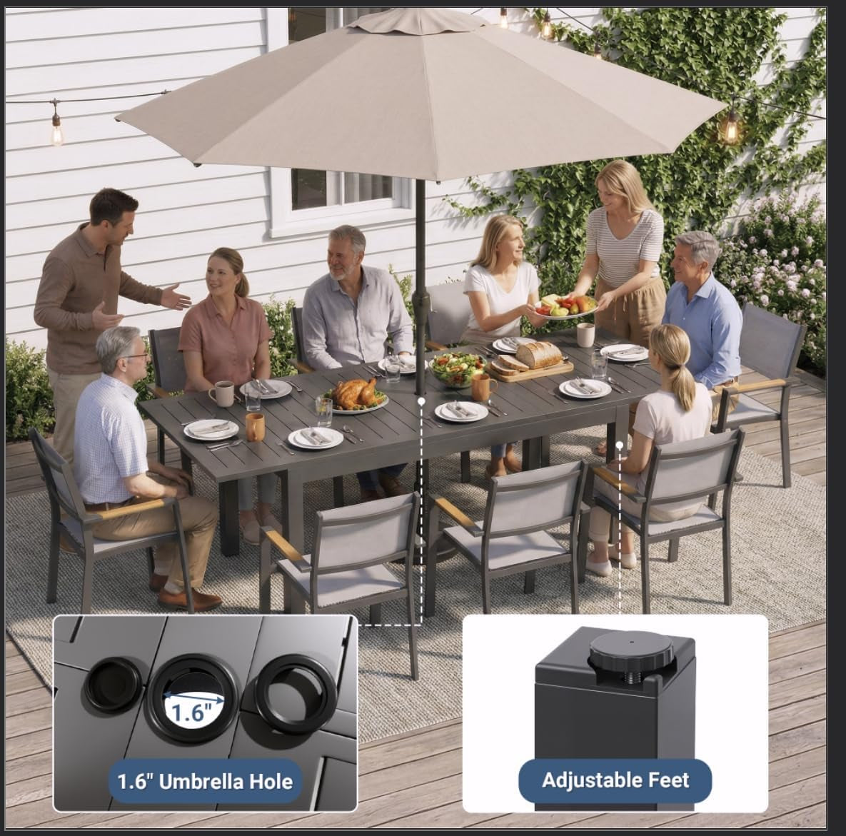 Aluminum Outdoor Patio Table and Chairs Set with 91.7" L-62 L Expandable Dining Table, 9-Pieces Outdoor Dining Set for 8, Patio Furniture Set with Stackable Quick Drying Chairs, Grey
