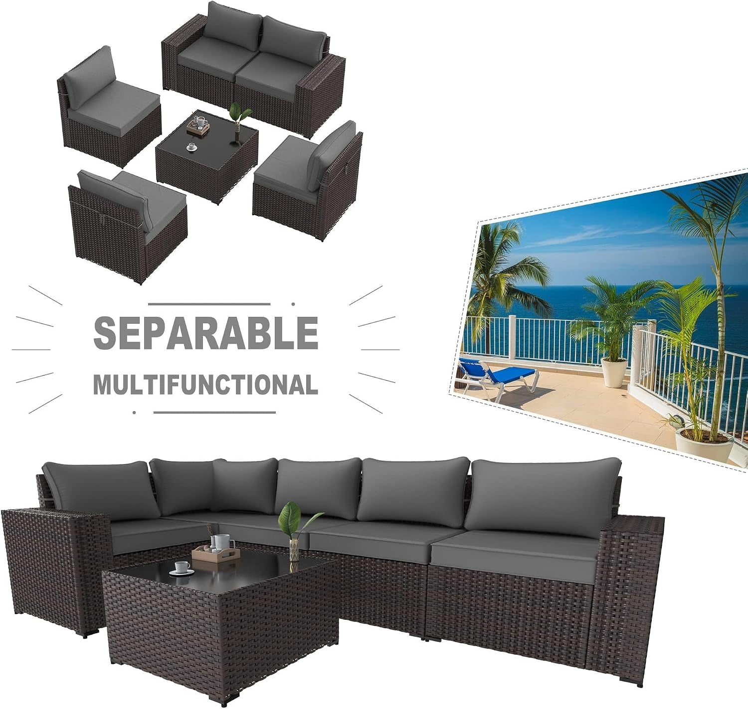 6PCS Outdoor Patio Furniture Set PE Wicker Rattan Sectional Sofa