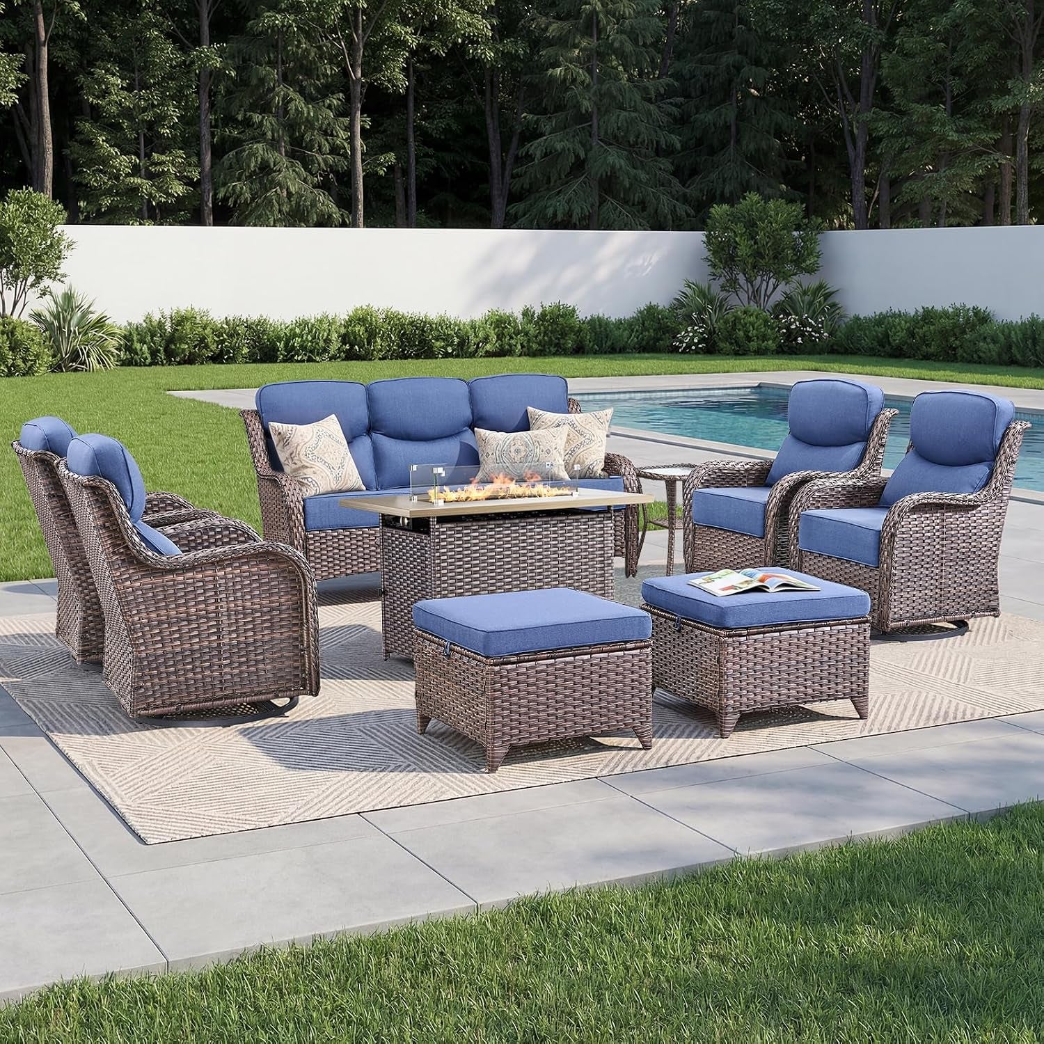 Luxury Patio Furniture Set with 6-Inch Thick Cushion, Outdoor Furniture with Fire Pit Table, Swivel Chairs, Sofa, Side Table, Ottomans, 9Pcs Wicker Conversation Set (Brown Wicker | Blue Cushion)