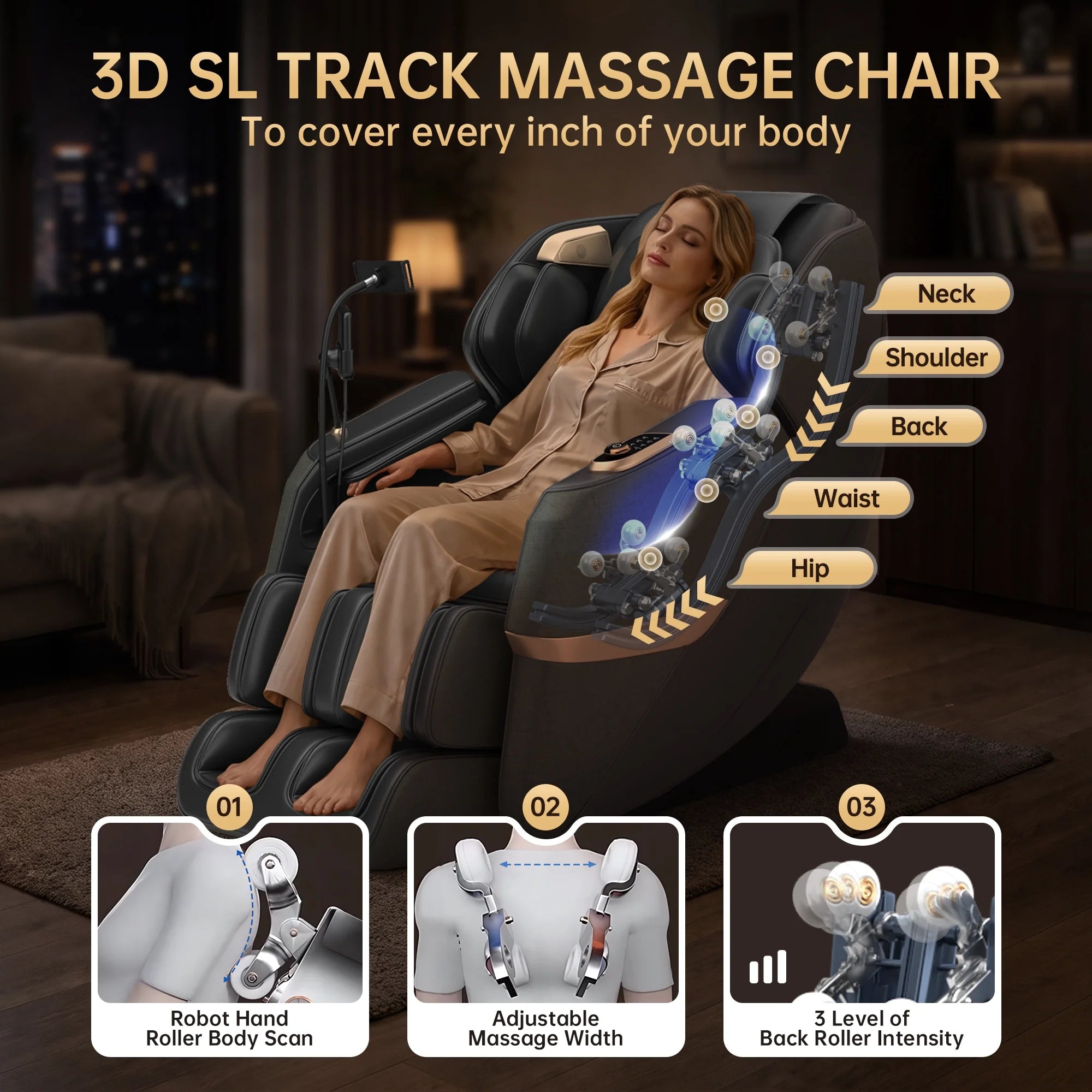 3D Massage Chair, Full Body Zero Gravity Recliner with SL Track, Yoga Stretching, Foot Rollers, Bluetooth, Heating, Black