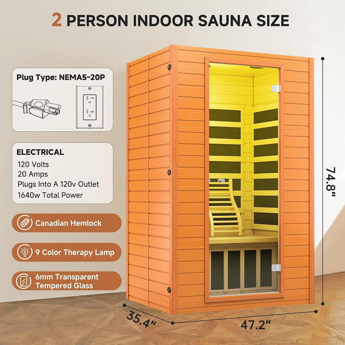 2 Person Sauna Low EMF FAR Infrared Sauna W/Red Light Therapy