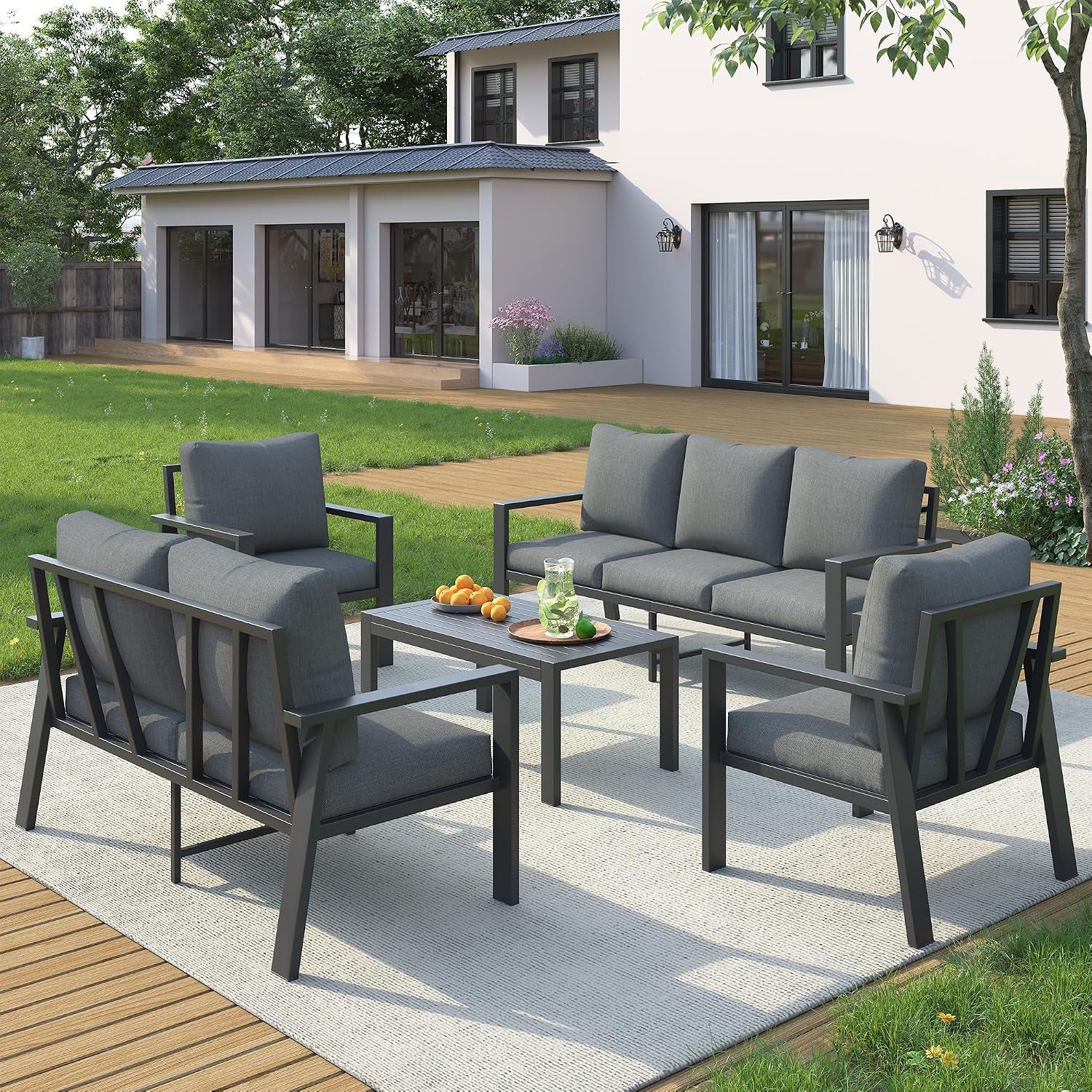 Aluminum Outdoor Patio Furniture Set 5 Pieces Metal Conversation Sets 7 Seat Sectional Sofa Modern Seating Set with Coffee Table for Outdoor Garden Backyard, Dark Grey