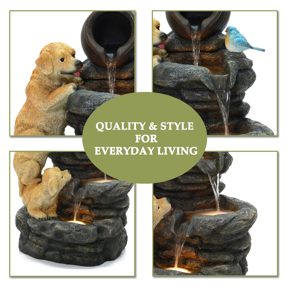 Outdoor Water Fountain, 26" Puppy and Rock Resin Water Fountains Indoor with LED Lights