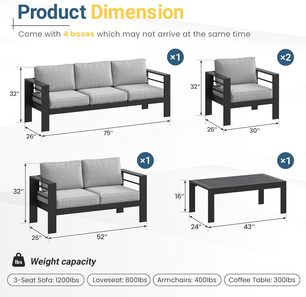 Patio Conversation Sets, Aluminum Outdoor Couch with Outdoor Coffee Table, All-Weather Metal Patio Couch with 5" Thick and Soft Cushion and Wide Arm, Outdoor Sofa Sets for Balcony, Porch, Light Gray
