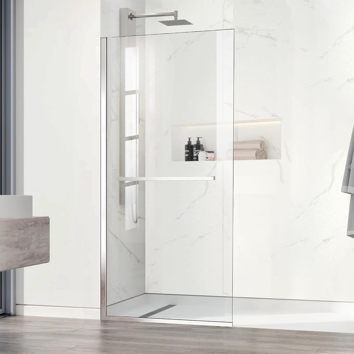 34" X 72" Semi-Framed Fixed Shower Screen, 5/16"(8Mm) Thick Clear Tempered Glass Shower Panel, Shower Screen for Walk in Shower with Frame Hardware Kit, Chrome