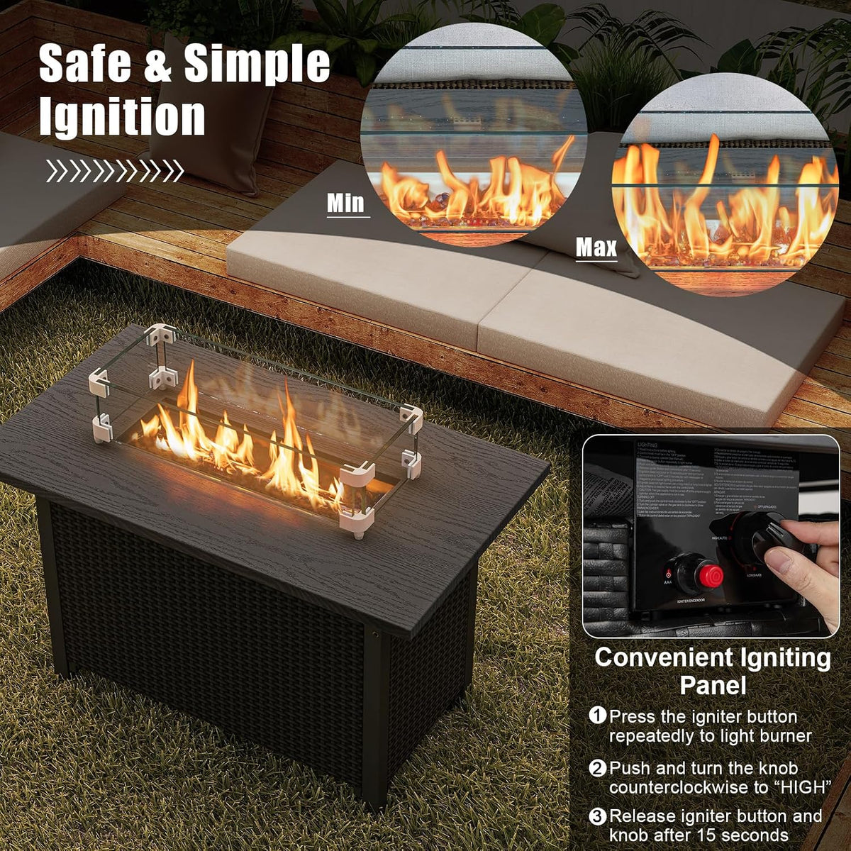 Outdoor Propane Fire Pit Table, 42 Inch Rectangular Rattan Fire Table with Wind Guard & Glass Rocks, 50,000 BTU Smokeless Gas Fire Pit for outside Patio (Black)