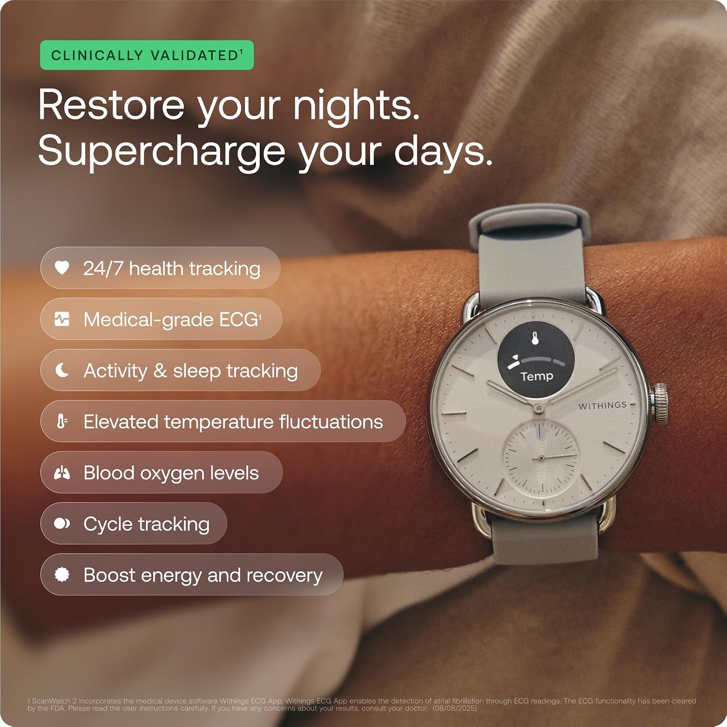 WITHINGS Scanwatch 2 - Hybrid Smart Watch, Heart Rate Monitoring, Fitness Tracker, Cycle Tracker, Sleep Monitoring, GPS Tracker, 30-Day Battery Life, Android & Apple Compatible, HSA/FSA