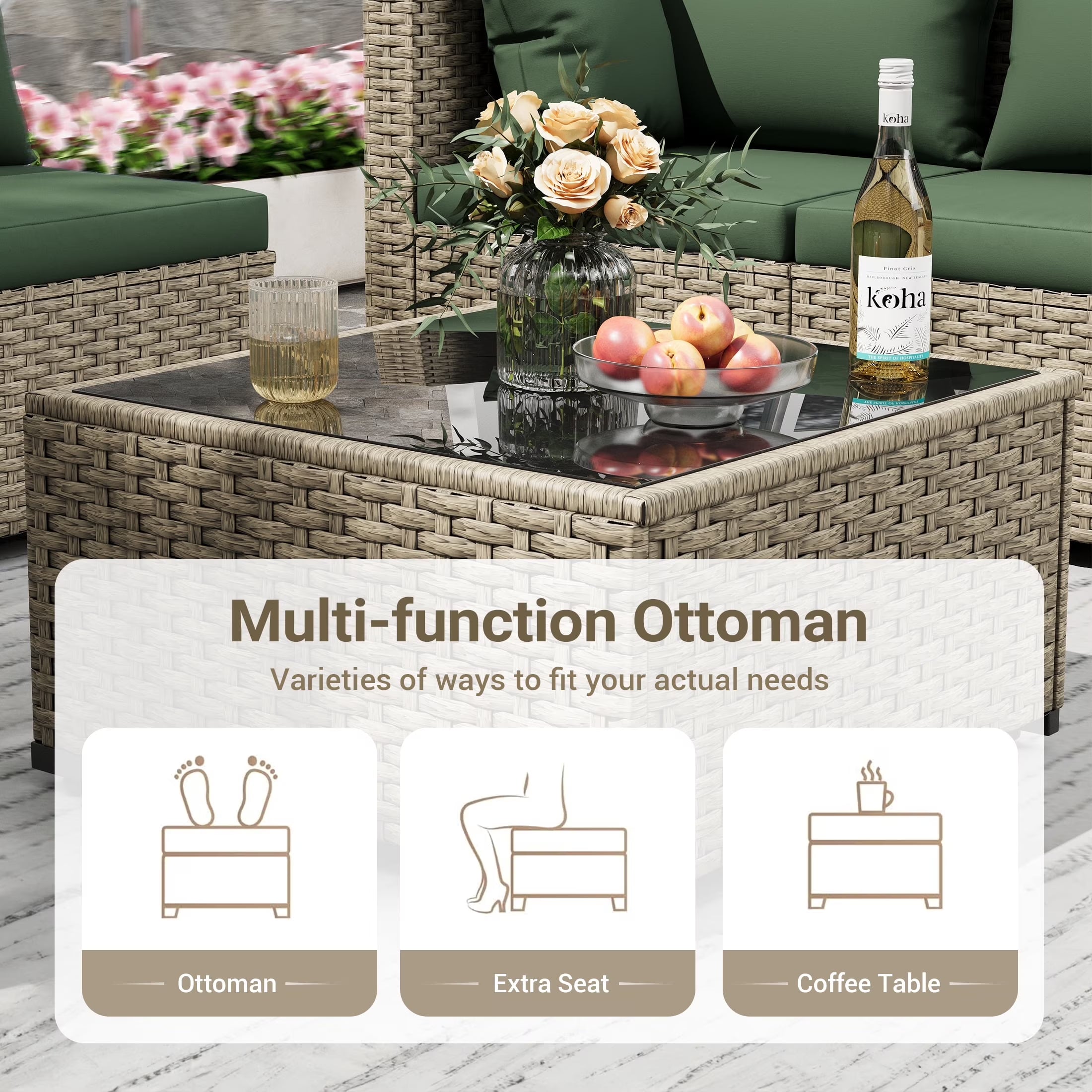 7 Pieces Outdoor Patio Furniture Set, Grey Rattan Wicker Outdoor Conversation Sectional Sofa Set with Cushions for Backyard, Green