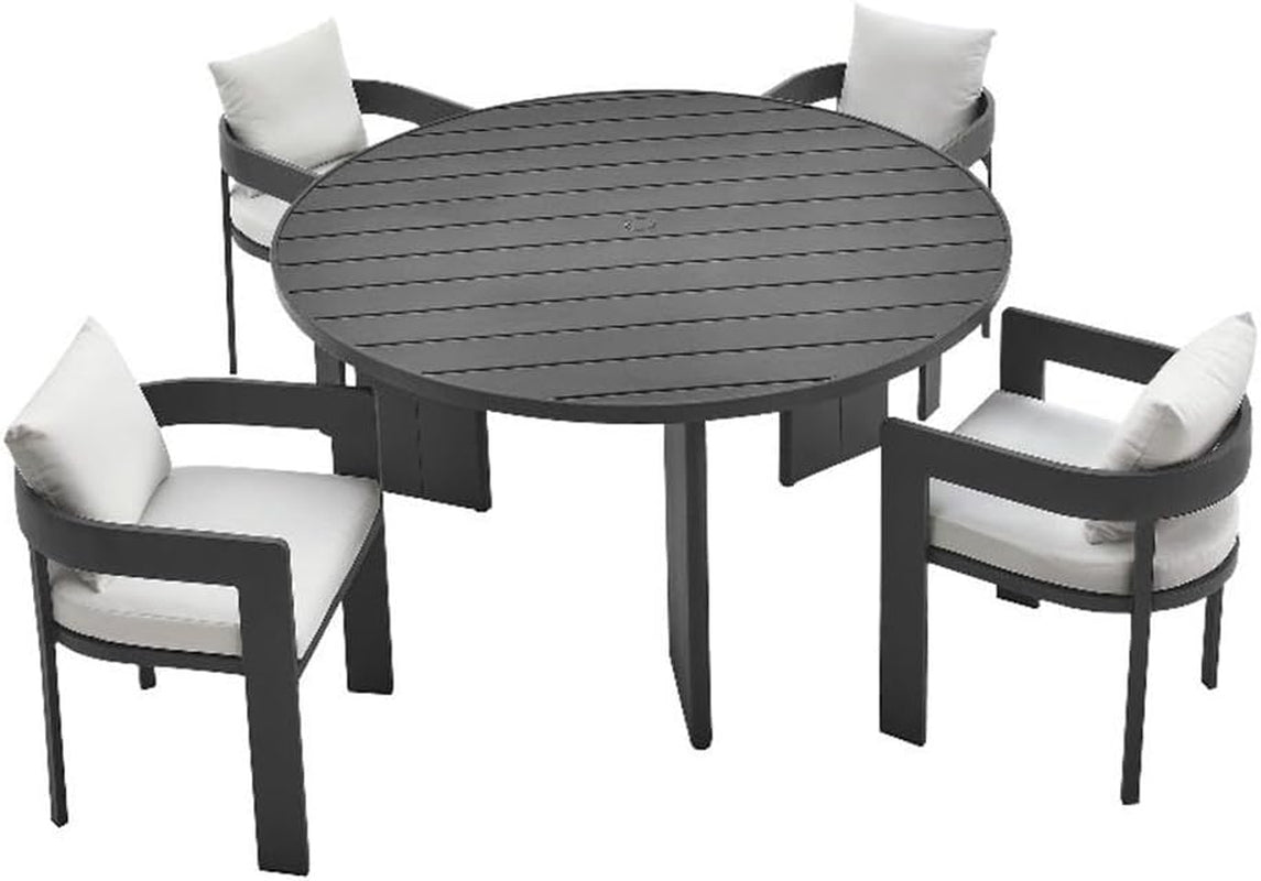 Tahoe Outdoor Patio Powder-Coated Aluminum 5-Piece Dining Set in Gray White - round Patio Furniture Set for 4 - outside Table with Umbrella Hole and Cushioned Chairs - Modern Patio Set