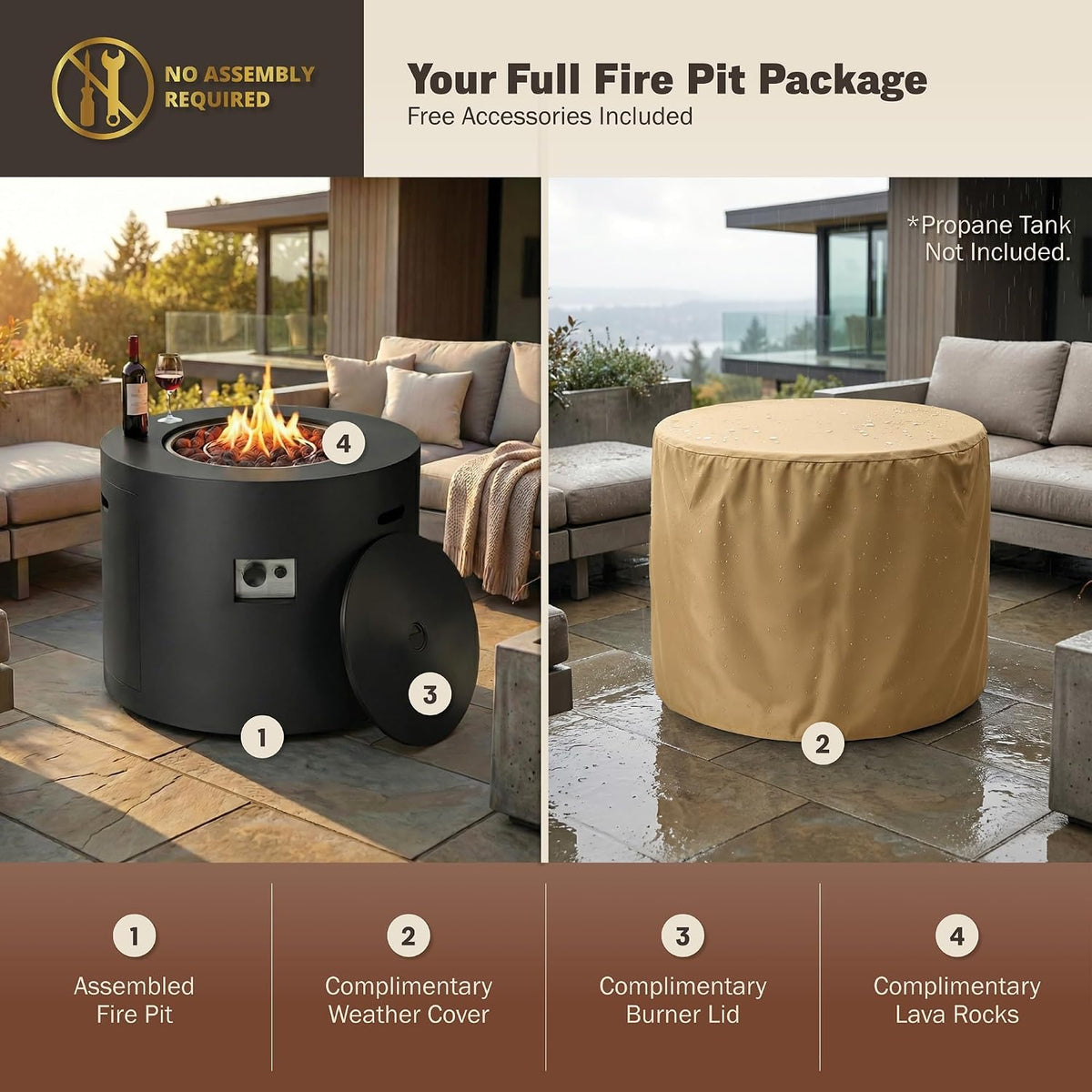 32" Propane Fire Pit Table round Smokeless W/Lid Alloy Steel Outdoor Gas Firepit Table 50,000 Btus Includes Lava Rocks and Weatherproof Cover for Wooden Deck Backyard and Pool (Black)