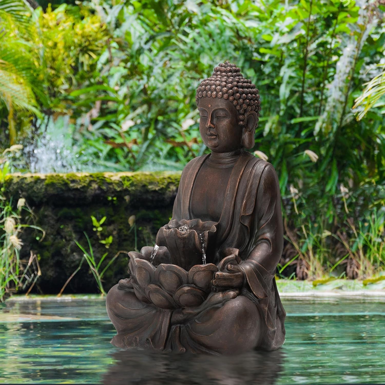 Buddha Fountain with Pump & LED Light, 2 Tier Zen Style Meditating Buddha Water Fountain Outdoor Fountains and Waterfalls Floor Fountains Buddhas Statues for Garden Patio Backyard 23.25" H