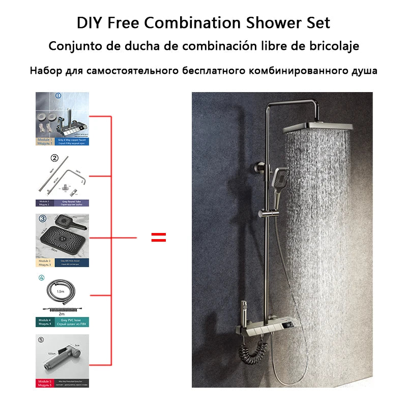 Gray Shower Set Bathroom Copper Shower System LED Digital Display Temperature Bathtub Shower Faucet DIY Shower Accessories Sets