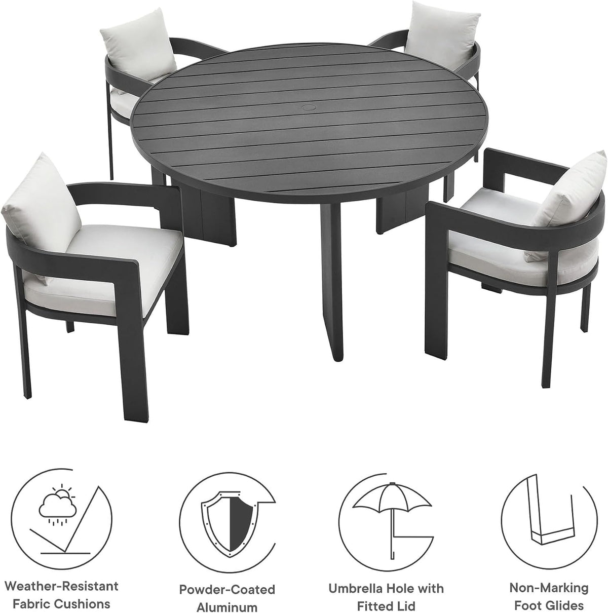 Tahoe Outdoor Patio Powder-Coated Aluminum 5-Piece Dining Set in Gray White - round Patio Furniture Set for 4 - outside Table with Umbrella Hole and Cushioned Chairs - Modern Patio Set