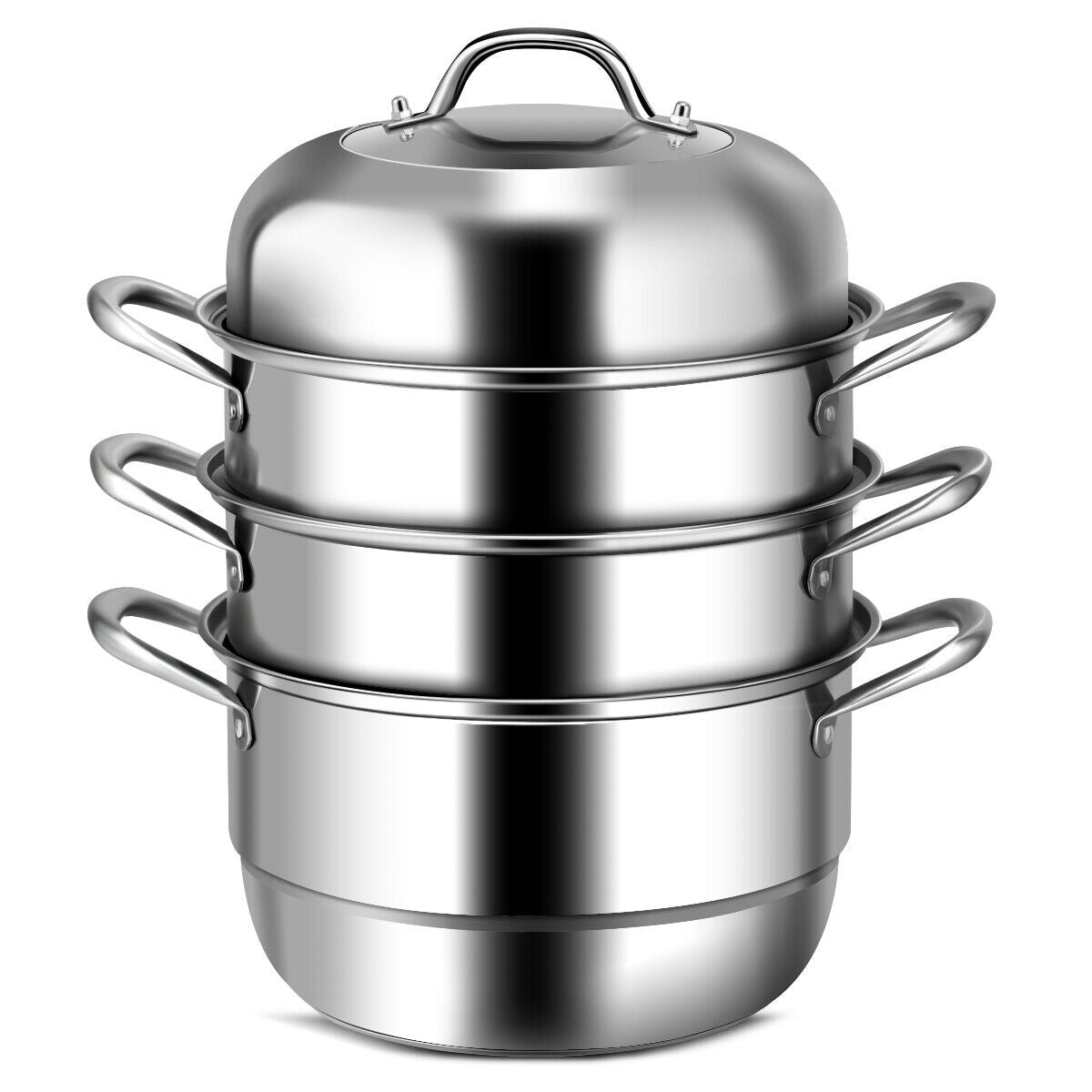 Studio shot of 3 tier stainless steel steamer stack with riveted handles and domed glass lid on white background