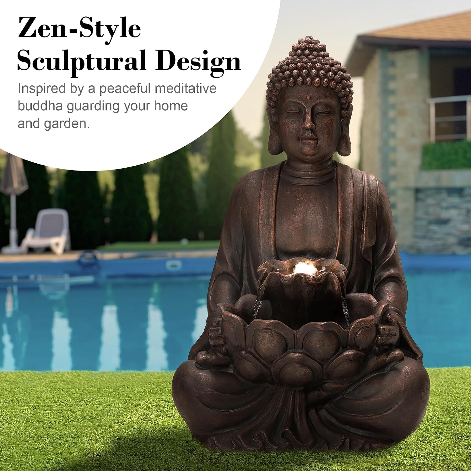 Buddha Fountain with Pump & LED Light, 2 Tier Zen Style Meditating Buddha Water Fountain Outdoor Fountains and Waterfalls Floor Fountains Buddhas Statues for Garden Patio Backyard 23.25" H