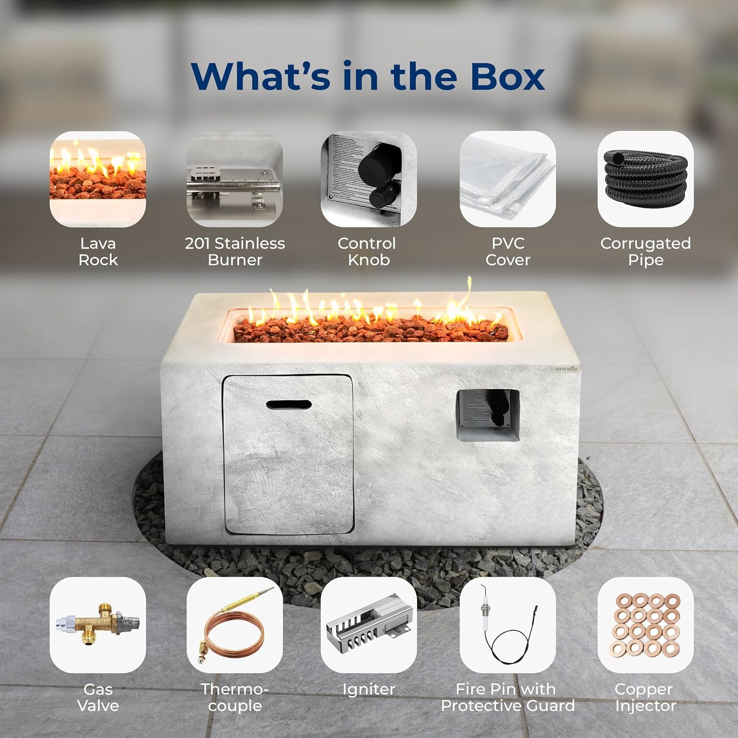 Propane Gas Fire Pit Table, 50,000 BTU Square Outdoor Firepit with Stainless Steel Burner, Adjustable Flame, Lava Rocks & Weather-Resistant Cover for Backyard, Patio, Garden (42"X20"X23.6")