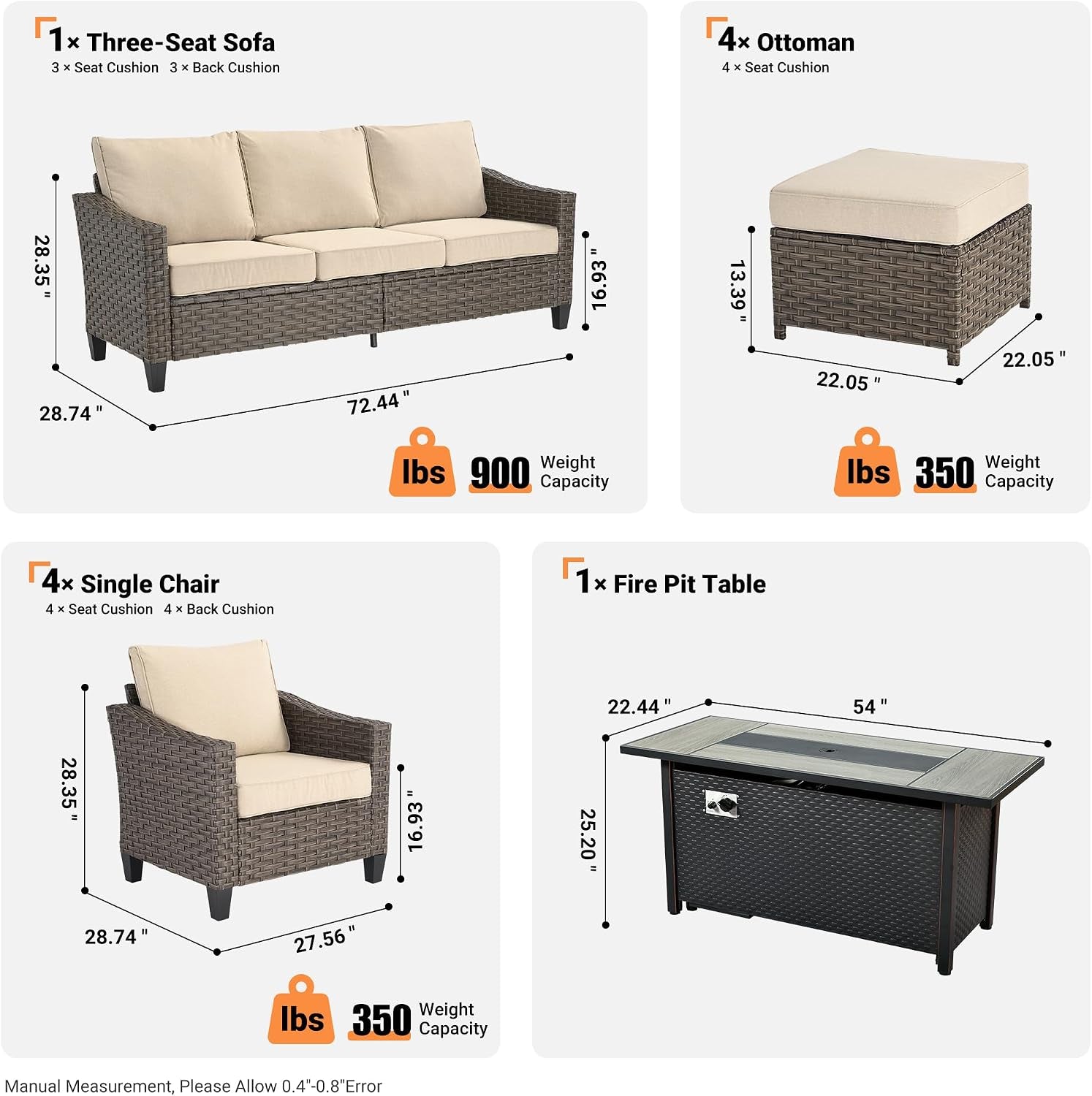 10 PCS Outdoor Patio Furniture 54In Set with Fire Pit Table, All-Weather Rattan Wicker Conversation Group with Deep Seating, High Back Comfort for Porch, Backyard, Beige
