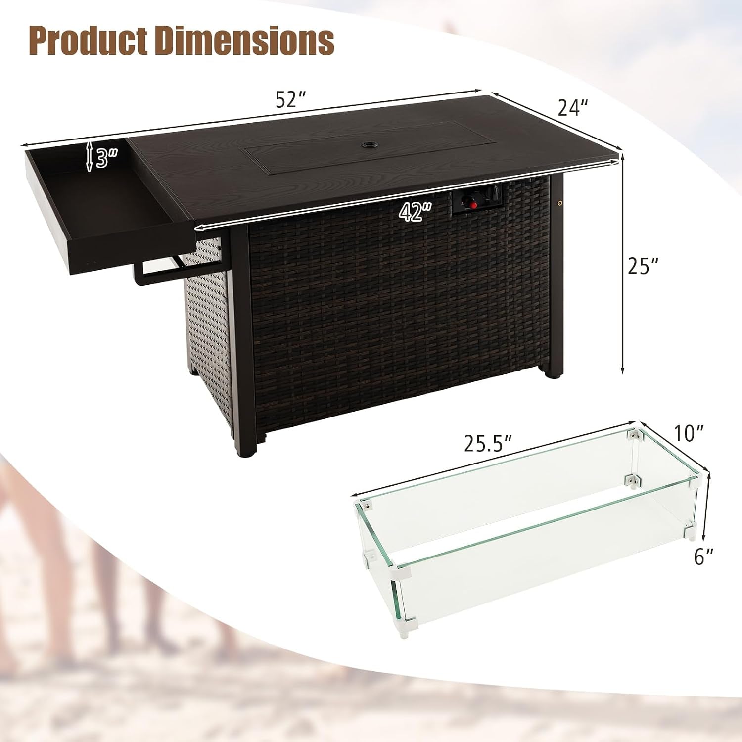 Patio Propane Fire Pit Table, 52 Inch Wicker Gas Fire Pit with Wind Guard & Extended Shelf, 50,000 BTU Heat Output, Rectangular Fire Table with Blue Fire Stone & Waterproof Cover (Brown)