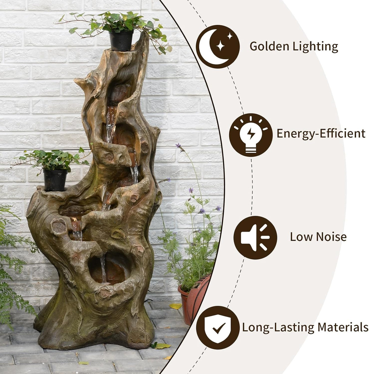 Water Fountain Outdoor, 5-Tier Cascading Realistic Tree Waterfall