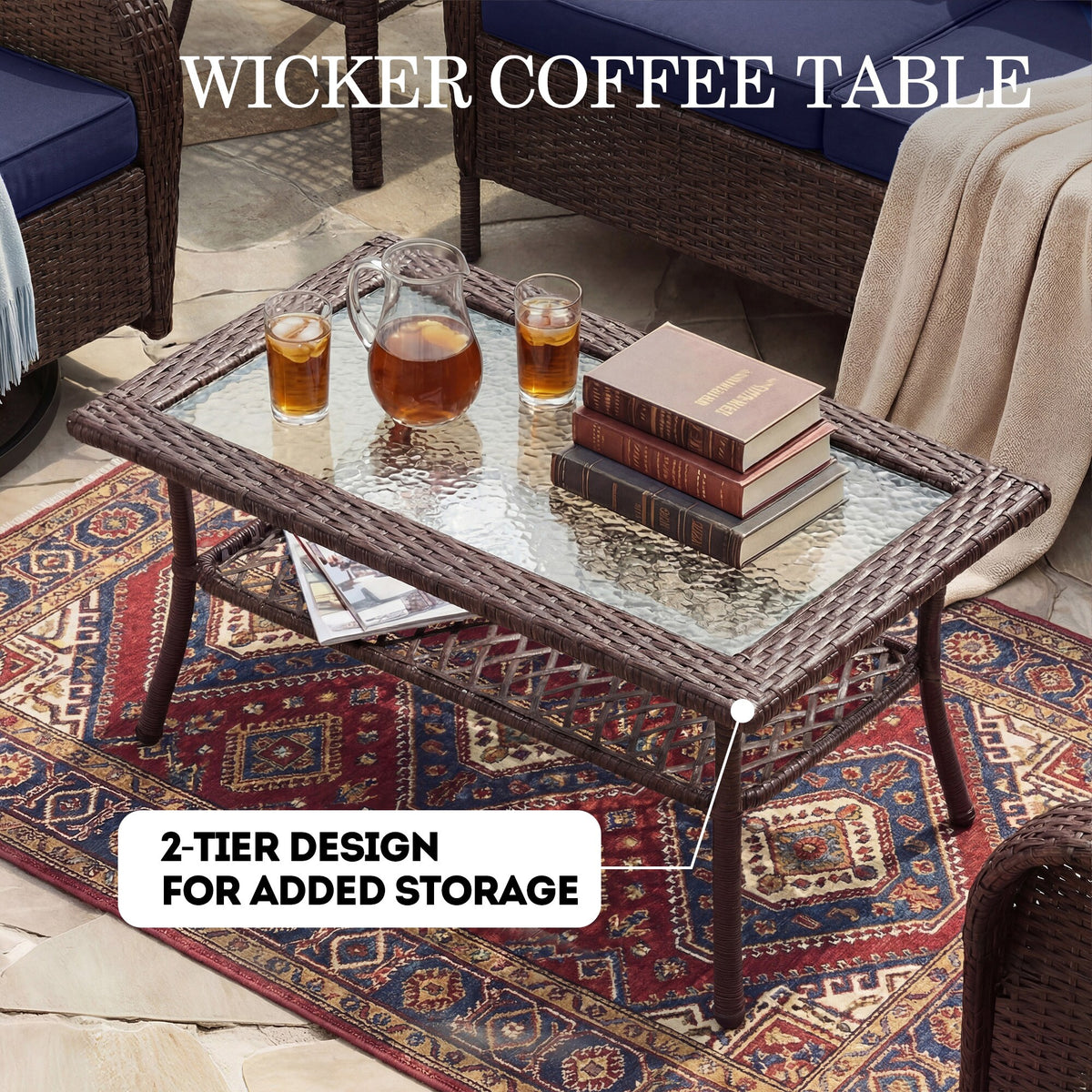 5 -Piece Wicker Patio Conversation Set with Navy Cushions Included