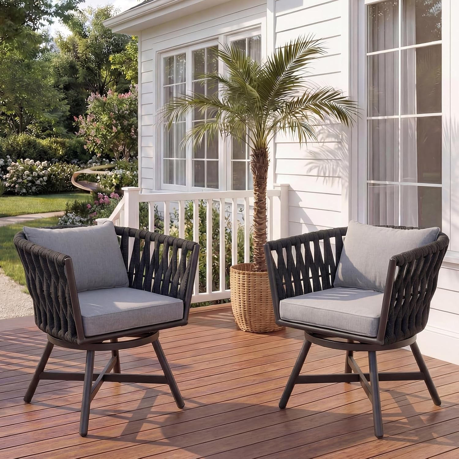 Swivel Dining Chairs Set of 2, Rope Patio Outdoor Chairs with Cushions, Heavy Duty Outdoor Patio Bistro Chairs for Lawn,Garden,Deck,Backyard,Porch and Balcony, Light Gray