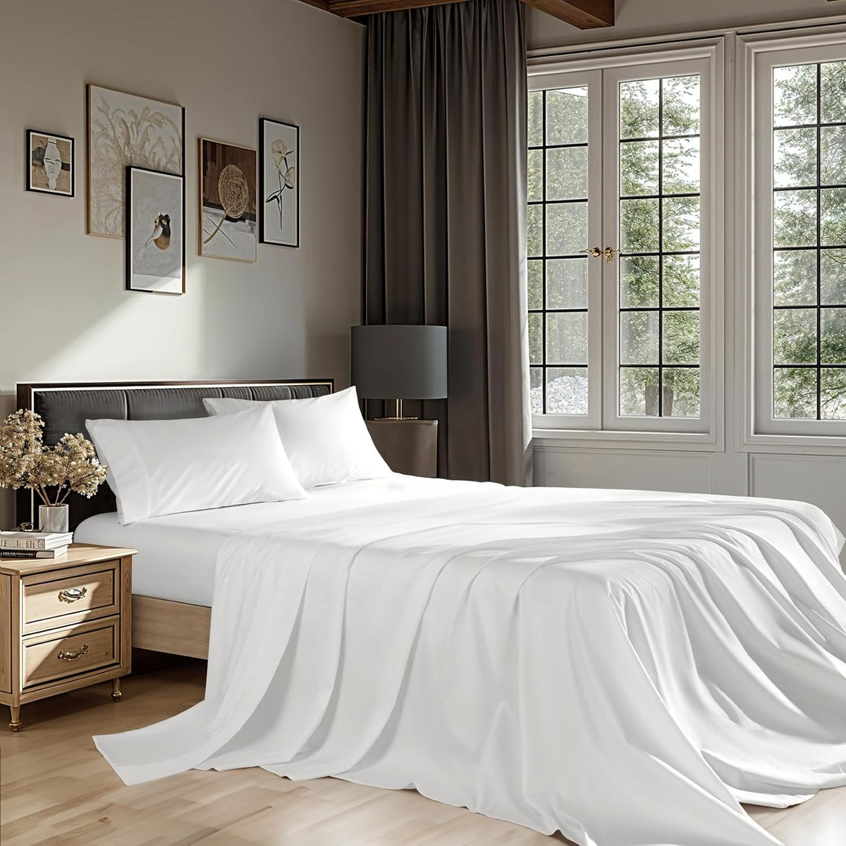 100% Cotton 1200 Thread Count Sheets Set Bedding Sets,Bed Sheet 4 Piece Sets,16 Inches Deep Pocket (White, Queen)
